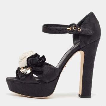 Pre Owned Dolce & Gabbana Black Brocade Fabric Embellished Ankle Strap Sandals Size 40
