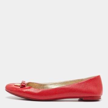 Pre Owned Dolce & Gabbana Red Lizard Embossed Leather Bow Ballet Flats Size 39