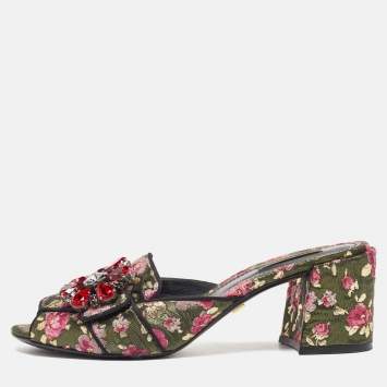 Pre Owned Dolce & Gabbana Black Brocade Fabric Floral Print Slide Sandals Size 41