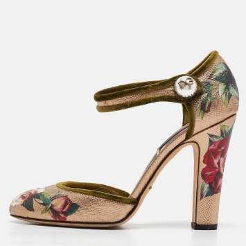 Pre Owned Dolce & Gabbana Metallic Floral Print Leather Ankle Strap Pumps Size 37