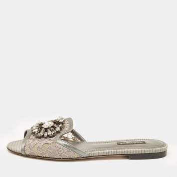 Pre Owned Dolce & Gabbana Grey Lace and Satin Flat Slides Size 37