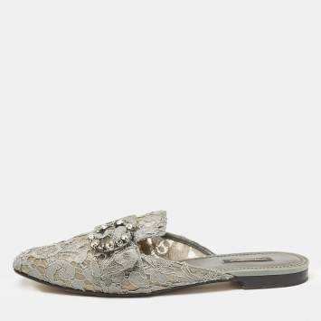 Pre Owned Dolce & Gabbana Grey Lace and Mesh Crystal Embellished Mules Size 40