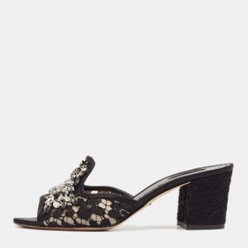 Pre Owned Dolce & Gabbana Black Lace and Mesh Bianca Slide Sandals Size 41
