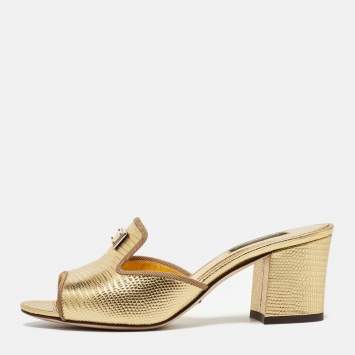 Pre Owned Dolce & Gabbana Gold Lizard Embossed Leather Slide Sandals Size 36