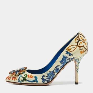 Pre Owned Dolce & Gabbana Cream Floral Print Patent Leather Bellucci Pumps Size 37