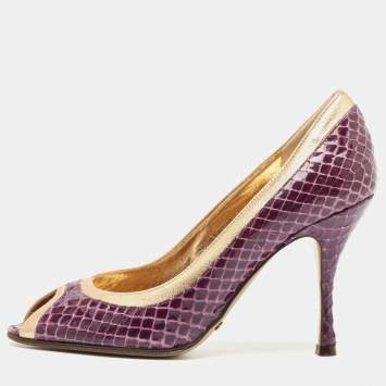 Pre Owned Dolce & Gabbana Purple Leather and Python Leather Peep Toe Pumps Size 35
