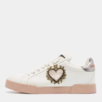 Pre Owned Dolce & Gabbana White Leather Love Applique Portofino Low Top Sneakers Size 39
