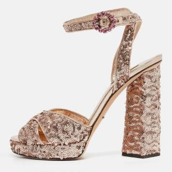 Pre Owned Dolce & Gabbana Gold Leather and Sequins Platform Sandals Size 39