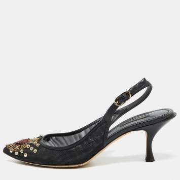 Pre Owned Dolce & Gabbana Black Leather and Mesh Lori Embellished Slingback Pumps Size 40