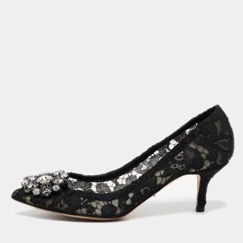 Pre Owned Dolce & Gabbana Black Lace and Mesh Bellucci Pumps Size 36.5