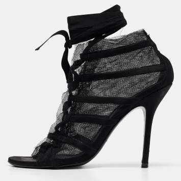 Pre Owned Dolce & Gabbana Black Mesh and Satin Lace Up Peep Toe Booties Size 40