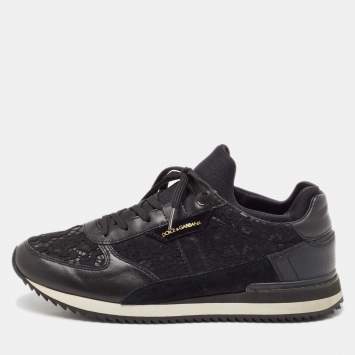 Pre Owned Dolce & Gabbana Black Lace and Leather Low Top Sneakers Size 39