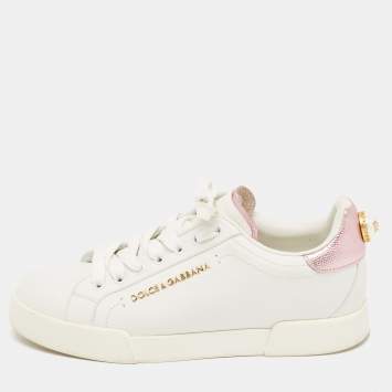 Pre Owned Dolce & Gabbana White/Pink Leather Portofino Pearl Embellished Low Top Sneakers Size 37