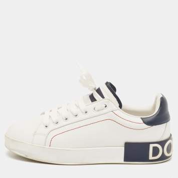 Pre Owned Dolce & Gabbana White/Navy Blue Leather Portofino Low Top Sneakers Size 37