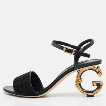 Pre Owned Dolce & Gabbana Black Leather and Lurex Keira DG Baroque Sandals Size 39