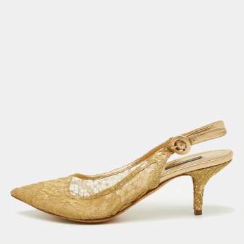 Pre Owned Dolce & Gabbana Gold Lace and Leather Slingback Pumps Size 39.5
