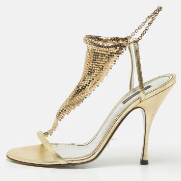 Pre Owned Dolce & Gabbana Metallic Gold Leather and Metal Ankle Strap Sandals Size 40