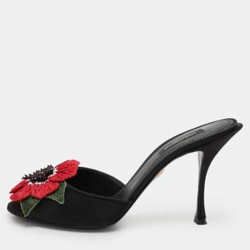 Pre Owned Dolce & Gabbana Black Satin Floral Applique Slide Sandals Size 38.5