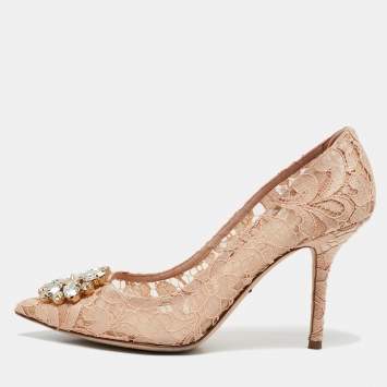 Pre Owned Dolce and Gabbana Peach Lace Belluci Crystals Pumps Size 39.5