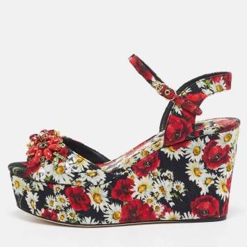 Pre Owned Dolce & Gabbana Red Floral Print Brocade Fabric Wedge Sandals Size 35