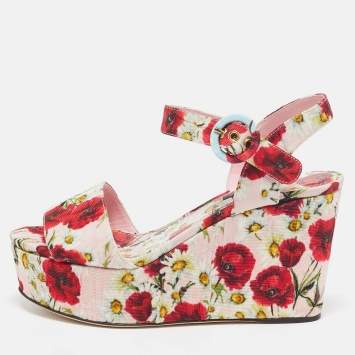 Pre Owned Dolce & Gabbana Pink Floral Print Brocade Fabric Wedge Sandals Size 35