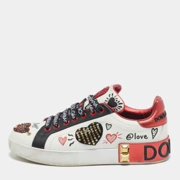 Pre Owned Dolce & Gabbana Multicolor Leather Amore Heart Embroidered Low Top Sneakers Size 38