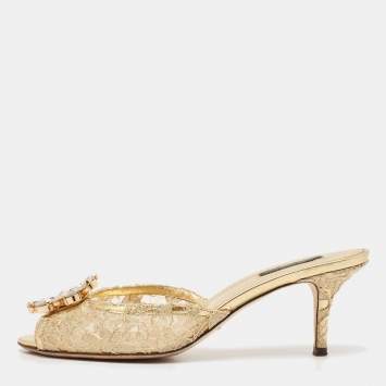 Pre Owned Dolce & Gabbana Gold Lace Taormina Slide Sandals Size 39
