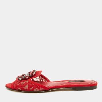 Pre Owned Dolce & Gabbana Red Lace Crystal Embellished Flat Slides Size 38.5