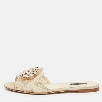 Dolce & Gabbana Light Cream Lace Crystal Bianca Slide Flats Size 37.5