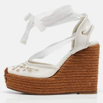 Pre Owned Dolce & Gabbana White Lace and Canvas Espadrille Platform Wedge Sandals Size 37