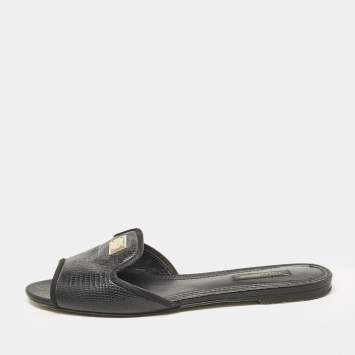 Pre Owned Dolce & Gabbana Black Embossed Leather Sofia Flat Slide Sandals Size 37