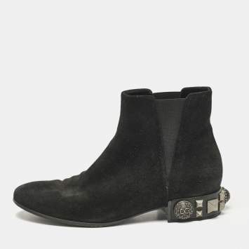 Pre Owned Dolce & Gabbana Black Suede Studded Heel Ankle Length Boots Size 37
