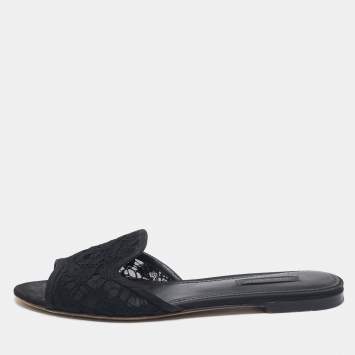 Pre Owned Dolce & Gabbana Black Lace and Mesh Flat Slides Size 36.5