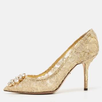 Pre Owned Dolce & Gabbana Gold Lace and Mesh Bellucci Pumps Size 38