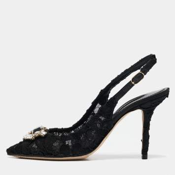 Pre Owned Dolce & Gabbana Black Lace Crystals Embellished Slingback Pumps Size 39