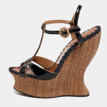 Pre Owned Dolce & Gabbana Black/Beige Patent and Raffia Cork Wedge Ankle Strap Sandals Size 39