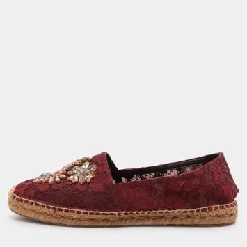 Dolce & Gabbana Burgundy Lace Embellished Espadrille Flats Size 40