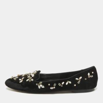 Pre Owned Dolce & Gabbana Black Velvet Crystal Embellished Ballet Flats Size 38.5