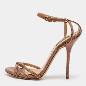 Pre Owned Dolce & Gabbana Brown Lizard Embossed Leather Ankle Strap Sandals Size 40