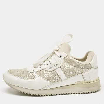 Pre Owned Dolce & Gabbana White Floral Lace and Leather Low Top Sneakers Size 39