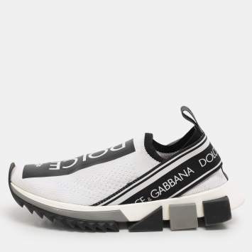 Pre Owned Dolce & Gabbana White/Black Knit Fabric Sorrento Slip On Sneakers Size 37.5