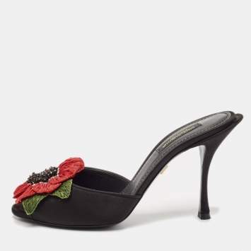 Pre Owned Dolce & Gabbana Black Satin Flower and Crystal Embellished Mules Size 36 