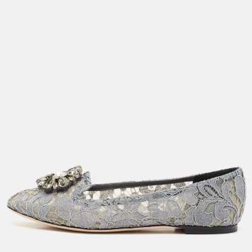 Pre Owned Dolce & Gabbana Grey Lace Crystal Embellished Taormina Ballet Flats Size 38.5