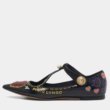 Pre Owned Dolce & Gabbana Black Leather Arrow Heart Ballet Flats Size 37