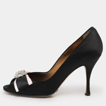 Pre Owned Dolce & Gabbana Black Satin Crystal Bow Embellished Pumps Size 36