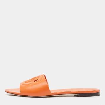 Pre Owned Dolce & Gabbana Orange Leather DG Cut Out Logo Flat Slides Size 39
