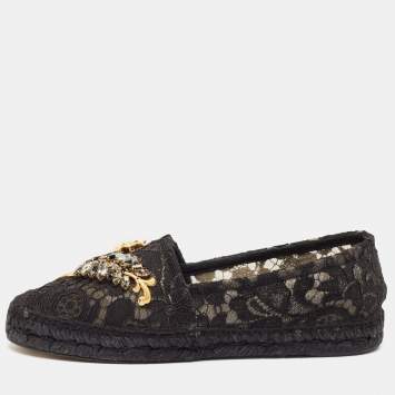 Pre Owned Dolce & Gabbana Black Lace Crystal Embellished Espadrille Flats Size 37