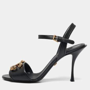 Pre Owned Dolce & Gabbana Black Leather DG Amore Ankle Strap Sandals Size 39.5