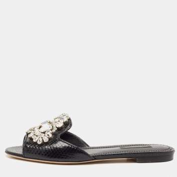Dolce & Gabbana Black Snakeskin Bianca Crystals Slide Flats Size 37.5