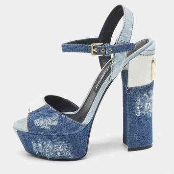 Pre Owned Dolce & Gabbana Blue Denim Keira Platform Ankle Wrap Sandals Size 39.5